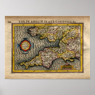 1610 Karta i Cornwall, Devon, Somerset m.fl. Poster