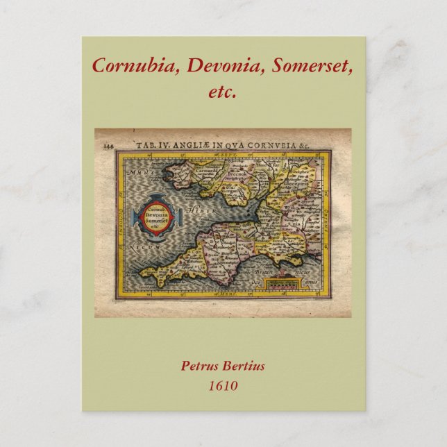 1610 Karta i Cornwall, Devon, Somerset m.fl. Vykort (Framsida)