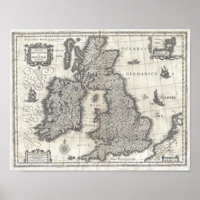 1631 Blaeu Karta i England, Skottland och Irland Poster (Framsidan)