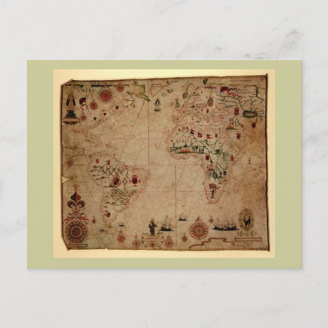 1633 Atantic Ocean Portolan Chart - Pascol Roiz Vykort (Framsida)