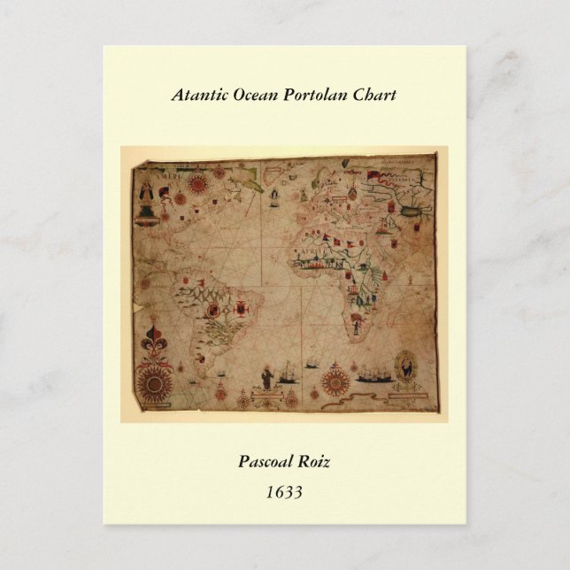 1633 Atantic Ocean Portolan Chart - Pascol Roiz Vykort (Framsida)