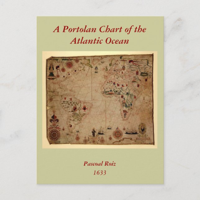 1633 Atantic Ocean Portolan Chart - Pascol Roiz Vykort (Framsida)