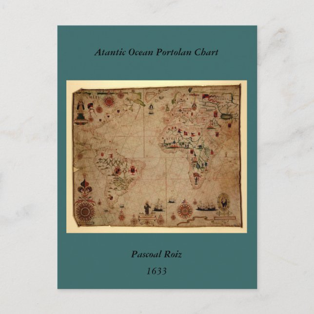 1633 Atantic Ocean Portolan Chart - Pascol Roiz Vykort (Framsida)