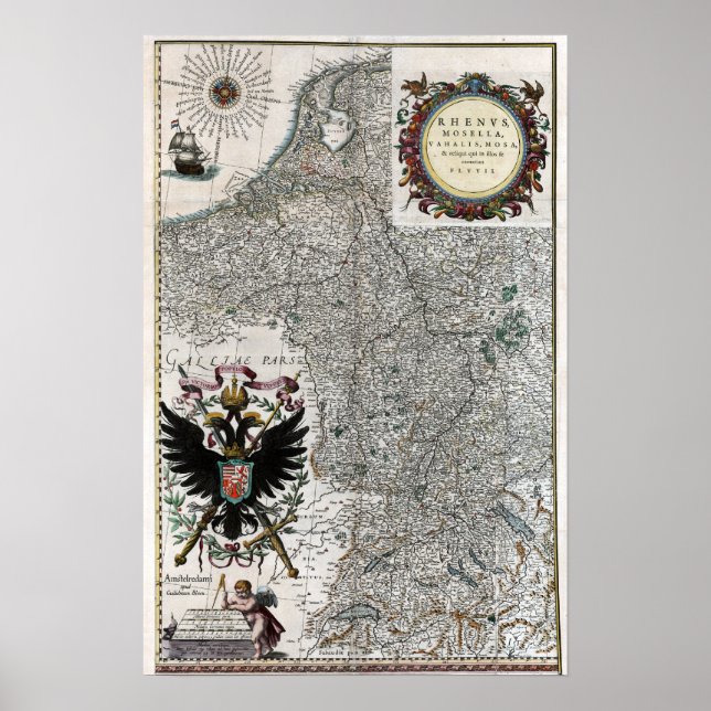 1634 Rhen- och Moselle-floden Karta Poster (Framsidan)