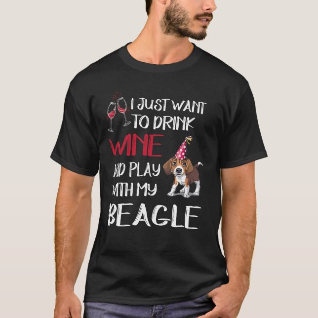 166 Drick Vin och spela med min beagle T Shirt (Framsida)