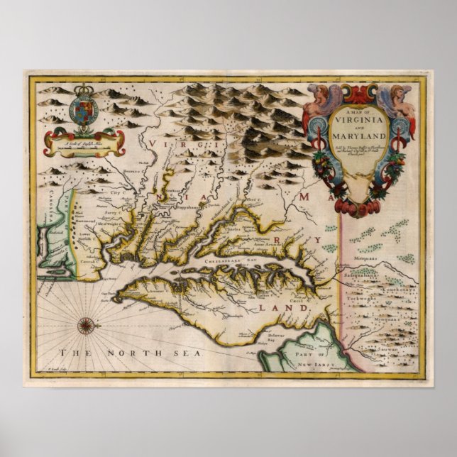 1676 Karta i Virginia och Maryland Poster (Framsidan)