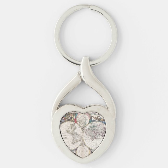 1685 Bormeester Karta i världen Twisted Heart Silverfärgad Nyckelring (Framsidan)