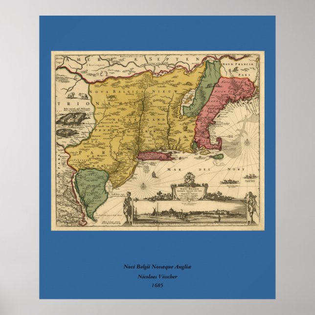 1685 Karta - Nya Belgien, Nya världen, Nya England Poster (Framsidan)