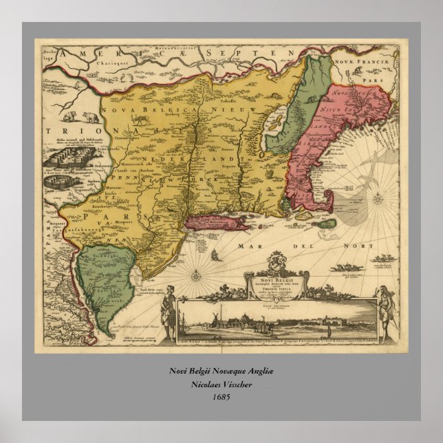 1685 Karta - Nya Belgien, Nya världen, Nya England Poster (Framsidan)