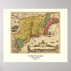 1685 Karta - Nya Belgien, Nya världen, Nya England Poster