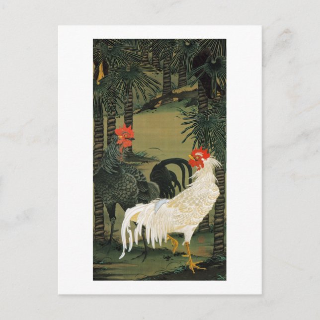 16 棕 櫚 鶏 図, 若 Handflatan Träd & Tupp, Jakuchū Vykort (Framsida)