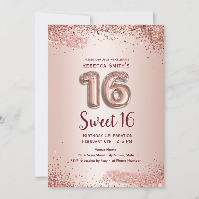 16-års födelsedags elegant rosa guld glitter inbju inbjudningar (Framsida)