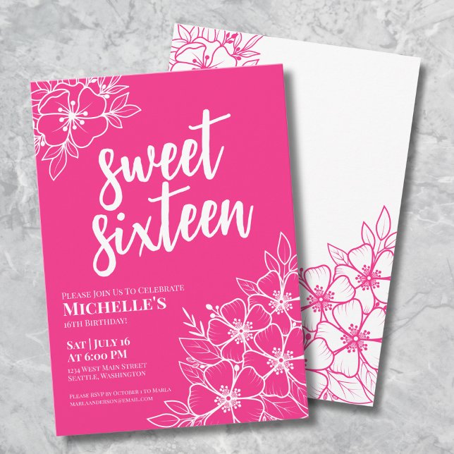 16-års födelsedagsfest med tema Hot Pink Inbjudningar (16th Hot Pink Floral Sweet Sixteen Birthday Party Invitation )