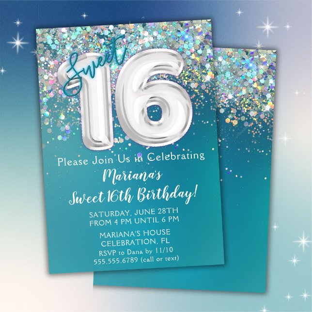 16-års inbjudan Teal Silver Glitter (Skapare uppladdad)