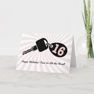 16 års Rosa Birthday Car Nycklar Keychain Black Kort