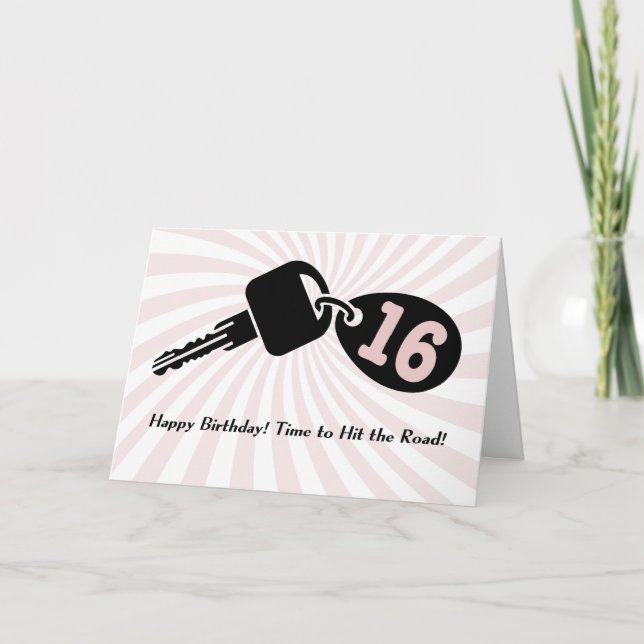 16 års Rosa Birthday Car Nycklar Keychain Black Kort (Framsida)