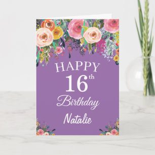 16-årsdag Akvarell Blommor Lila Kort
