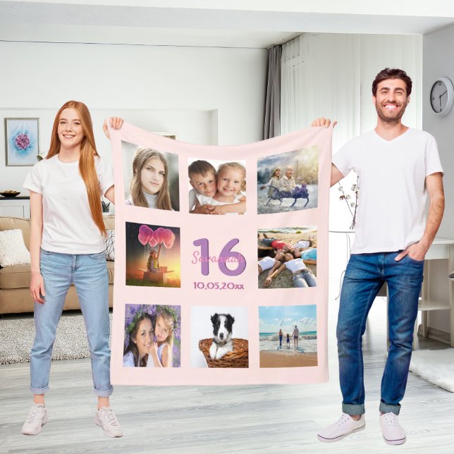 16-årsdag anpassningsbar fotokollage ro guld rosa fleecefilt (Skapare uppladdad)