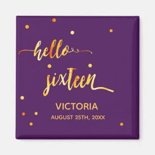 16-årsdag lila guld hej 16 typografi namn magnet
