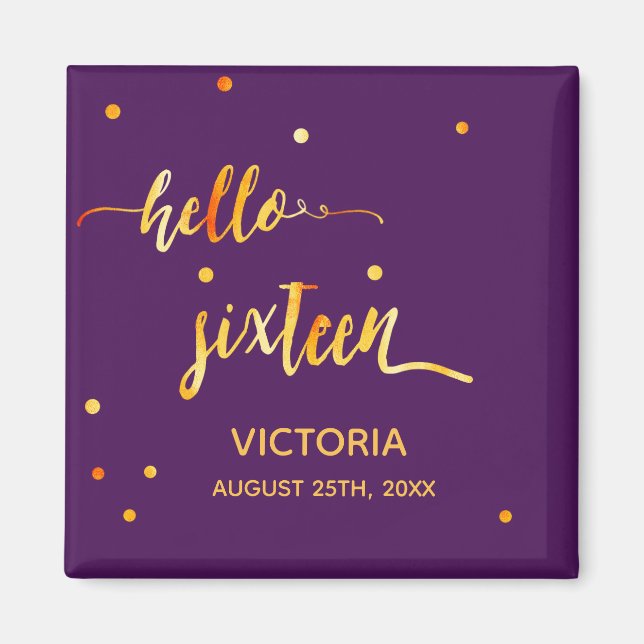 16-årsdag lila guld hej 16 typografi namn magnet (Framsidan)