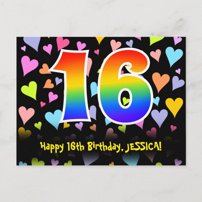 16-årsdag: Roliga hjärtan Mönster, Regnbåge 16 Vykort (Framsida)
