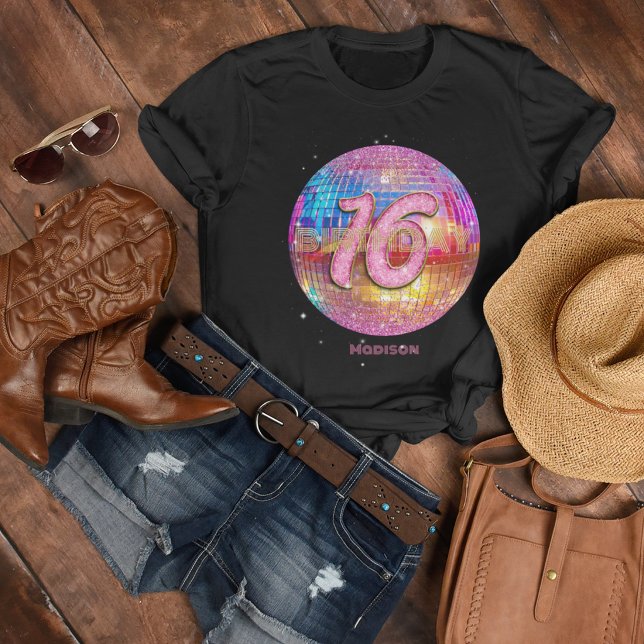 16-årsfest Guld Rosa Glitter Diskokula T Shirt (Skapare uppladdad)
