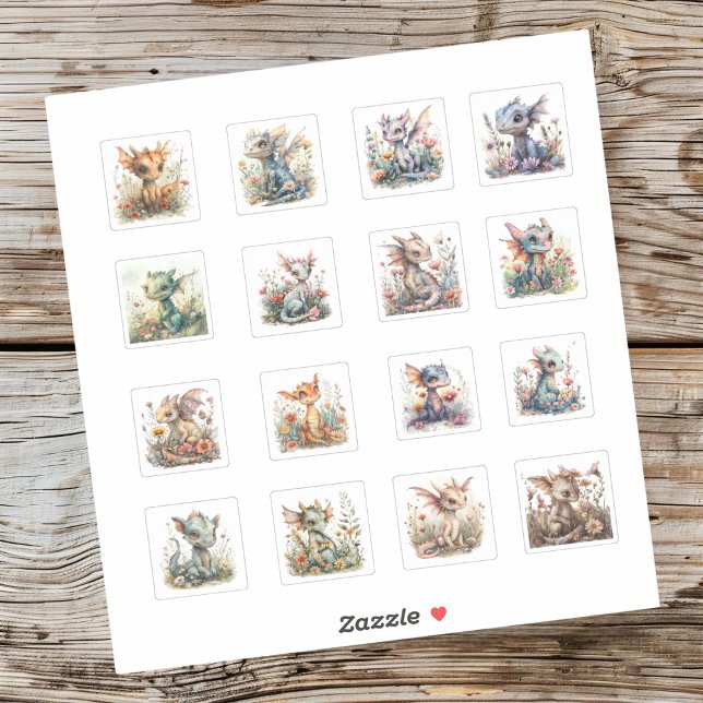 16 Baby Dragoner med blommor Stickers Klistermärken (Skapare uppladdad)
