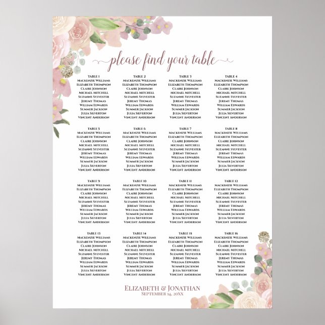 16 Bord Boho Rosa Blommig Bröllopsställningskarta Poster (Framsidan)