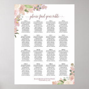 16 Bord Boho Rosa Blommigt Bröllop Sittplatsdiagra Poster