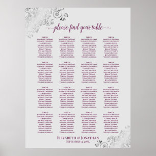 16 Bord Cassis on Grått Bröllop Seating Chart Poster