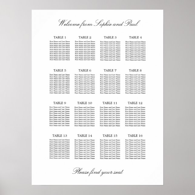 16 Bord Elegant Minimalistisk Placeringsplan Poster (Framsidan)