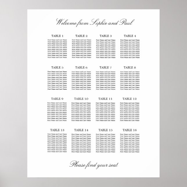 16 Bord Elegant Minimalistisk Placeringsplan Poster (Framsidan)