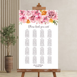 16 Bord Elegant Rosa Blommigt Bröllop sittdiagram Poster