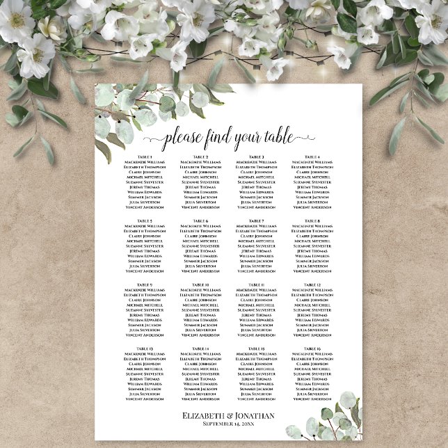 16 Bord Eucalyptus Sprigs Bröllop-sätesdiagram Poster (In Situ on Wall with Flowers)