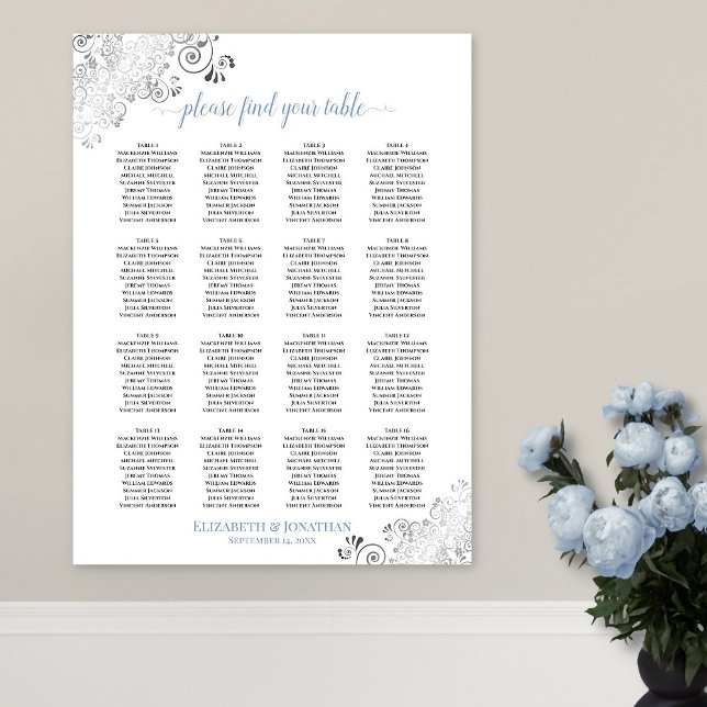 16 Bord frilly Bröllop-sittplatsplan vit och blå Poster (In Situ on Wall with Flowers)