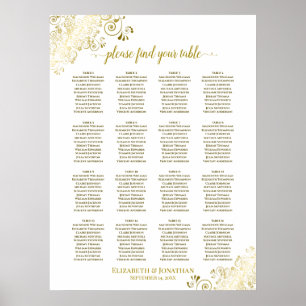 16 Bord, fristäder Bröllop, sätesdiagram, vit Guld Poster