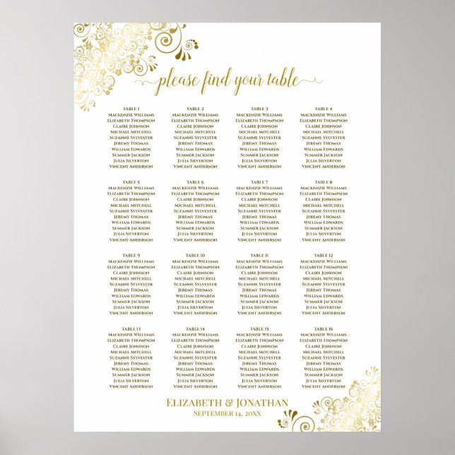 16 Bord, fristäder Bröllop, sätesdiagram, vit Guld Poster (Framsidan)