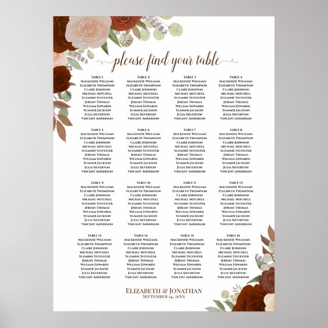 16 Bord Höstdiagram för säten i Boho Bröllop Poster (Framsidan)