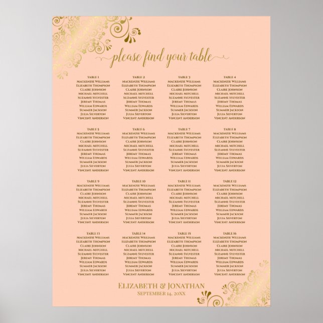 16 Bord korallpersika och sätesdiagram för Guld Br Poster (Framsidan)