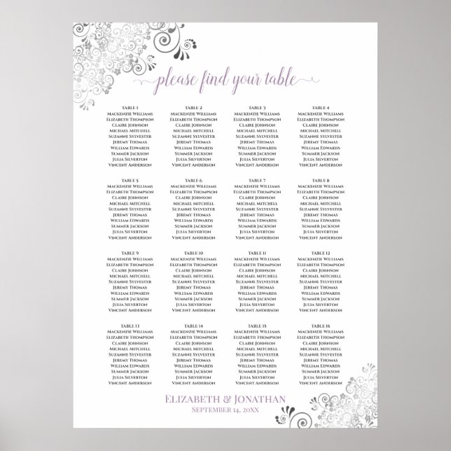16 Bord Lacy Bröllop Seating Chart White Lavender Poster (Framsidan)