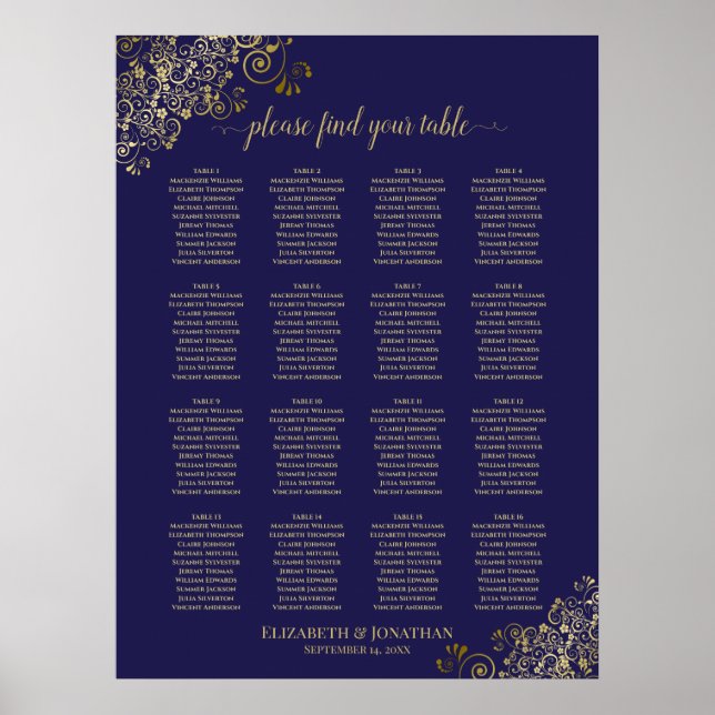 16 Bord Lacy Guld Bröllop, marinblå marinblå marin Poster (Framsidan)