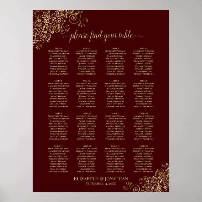 16 Bord Lacy Guld Bröllop-sjösjökort Poster (Framsidan)