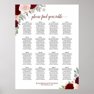 16 Bord Röd & Rosa Blommig Bröllopsställning Poster