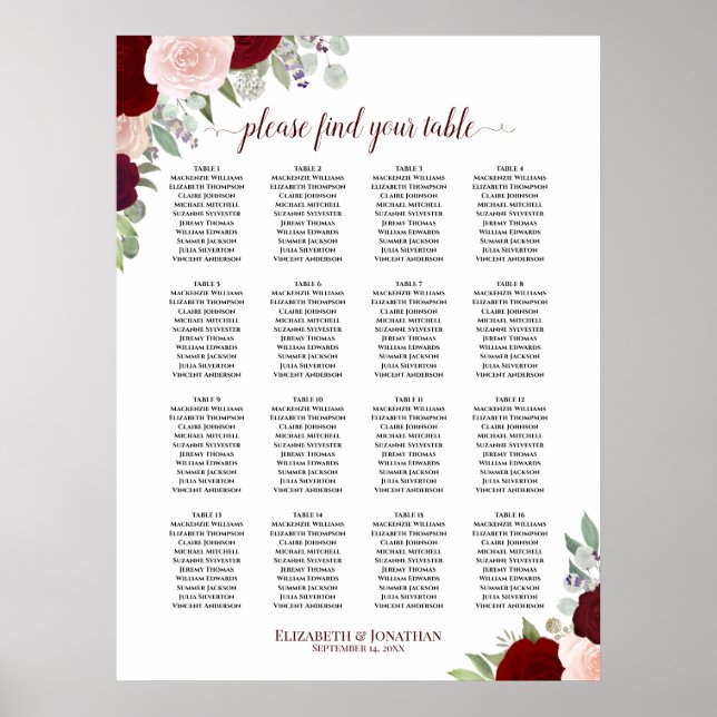 16 Bord Röd & Rosa Blommig Bröllopsställning Poster (Framsidan)