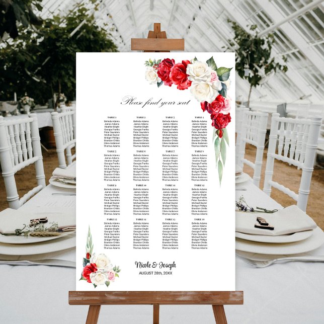 16 Bord Röd Vit Ros Blommig Placeringsplan Poster (Skapare uppladdad)