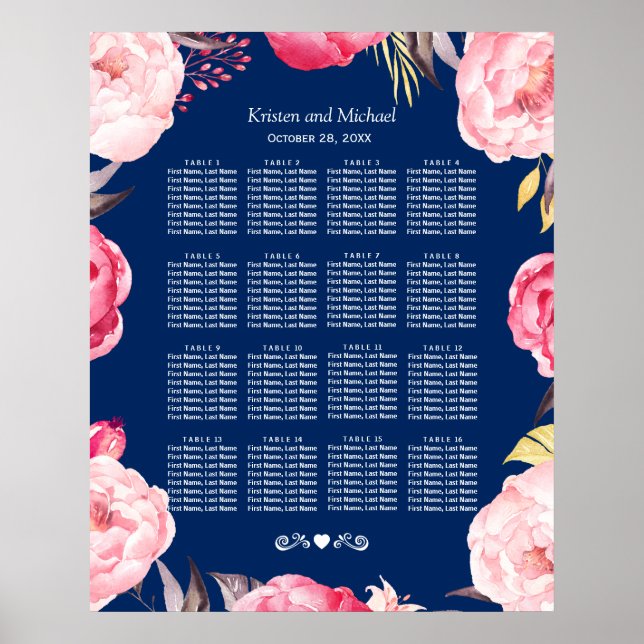 16 Bord Rosa Blommigt sätesdiagram över säten i ut Poster (Framsidan)