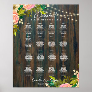 16 Bord Rustic Rosa Blommigt SEATING CHART BUDGET Poster