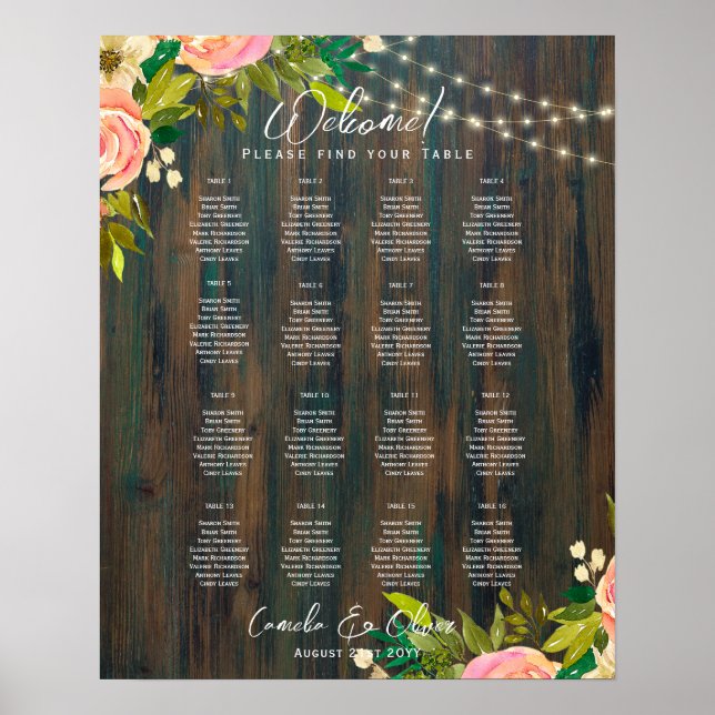 16 Bord Rustic Rosa Blommigt SEATING CHART BUDGET Poster (Framsidan)