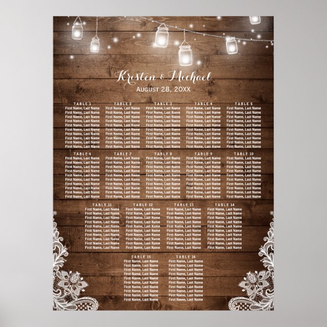 16 Bord Rustic String Ljus Sittdiagram Poster (Framsidan)