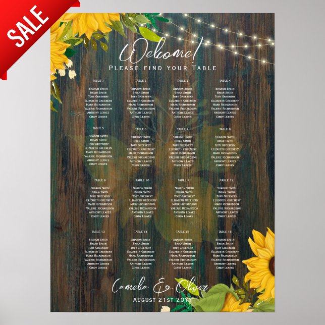 16 Bord Rustic Sunrows SEATING CHART BUDGET Poster (Skapare uppladdad)